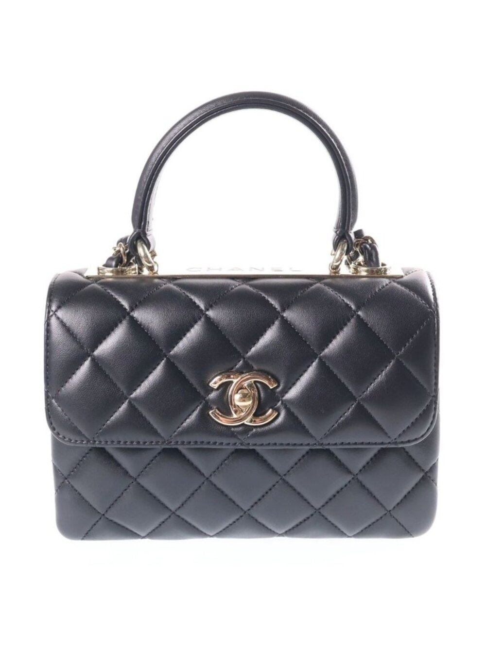 Chanel Quilted Top Handle Trendy CC 2-Way Chain Shoulder Bag Black Leather Gold